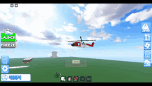 a computer screen shows a helicopter flying over a field with a launch and freeze button visible