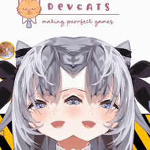 a poster for devcats making purrfect games shows a girl with gray hair
