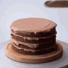 a chocolate cake on a wooden cutting board with mr.cakes written on the bottom right