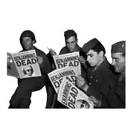 a group of men are reading benjamins dead newspaper