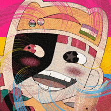 a cartoon character with a helmet on has a rainbow flag on his hat