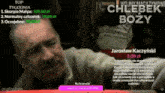 an advertisement for chlebek bozy shows a man holding a bottle