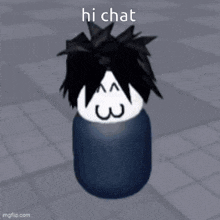a person with black hair and a smiley face is standing on a tiled floor .