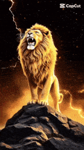 a lion is standing on top of a rock with its mouth open