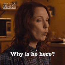 an advertisement for son of a witch with a woman asking why is he here