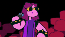 a pixel art drawing of three characters standing next to each other .