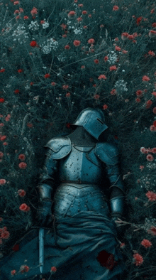 a knight in armor is laying in a field of red flowers