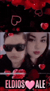a man and a woman are standing next to each other with hearts surrounding them and the words eldios ale on the bottom