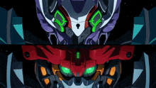a purple robot with green eyes and a red robot with yellow eyes