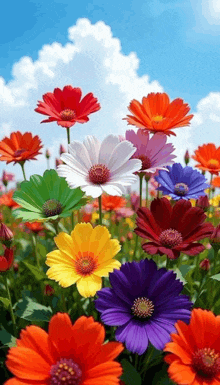 a field of colorful daisies with a blue sky in the background