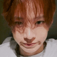 a close up of a person 's face with red hair and green eyes .