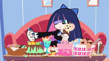 a cartoon character sitting on a couch with a box that says " ririru "