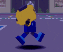 a pixel art of a cartoon character standing on a street