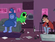 a cartoon drawing of a man sitting on a couch with two aliens in the background
