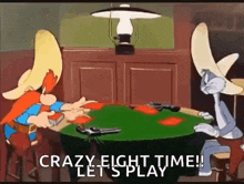two cartoon characters are sitting at a table with guns and playing cards .