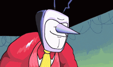 a cartoon character with a long nose is wearing a red jacket and a yellow tie