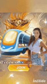 a woman is standing in front of a train with the word nmx on it