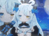 a girl with long white hair and horns is holding a microphone