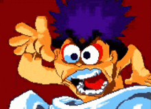 a pixel art drawing of a cartoon character with a purple hair