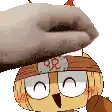 a cartoon owl with glasses and a bandana on its head is being touched by a hand .
