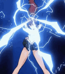 a girl is standing in the dark with lightning coming out of her hair .
