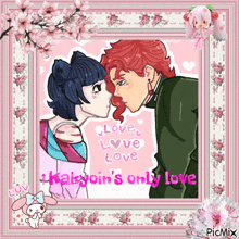 a picture of a man and a woman kissing with the words love love love on it