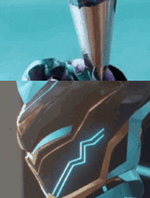 a close up of a helmet with a blue light on it