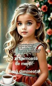 a little girl in a red dress is holding a cup of coffee in her hand .