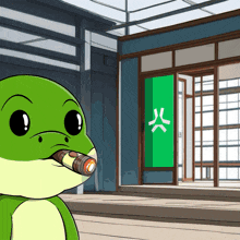 a cartoon frog is smoking a cigar in front of a building with a green sign that says 火