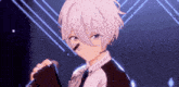 a boy with white hair is holding a microphone and wearing headphones
