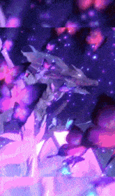 a painting of a dragon surrounded by pink and purple flowers