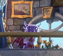 a purple dragon is standing on a balcony in front of a brick wall .