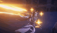 a video game character is holding a sword and shooting rays of light