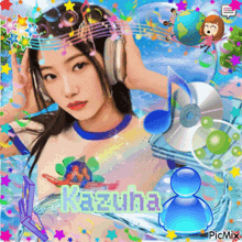 a picture of a girl wearing headphones with the name kazusa on the bottom