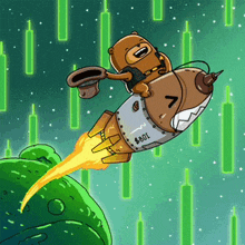 a cartoon drawing of a bear riding a rocket that says $ 801