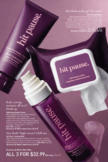 a purple bottle of hit pause hydrating body cream and wipes