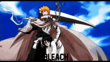 a couple of anime characters standing next to each other with the word bleach in the corner
