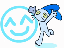 a cartoon drawing of a cat with a blue hat and a smiley face