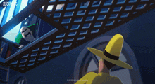 a cartoon of a man wearing a yellow shirt and a cowboy hat with a black band