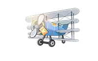 a cartoon drawing of a blue airplane with an x on the nose