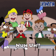 a group of cartoon characters sitting at desks with the words nuh uh written on the bottom