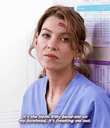Greys Anatomy Meredith Grey GIF - Greys Anatomy Meredith Grey Its The Hello Kitty Band Aid On My Forehead GIFs