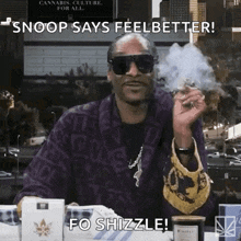 snoop dogg is smoking a cigarette while wearing sunglasses and a purple jacket .