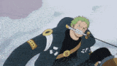 a cartoon character with a sword in his mouth is wearing a black coat