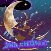 a woman playing a guitar on a crescent moon with the words join chums