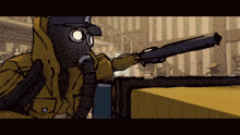 a cartoon character wearing a gas mask is pointing a gun