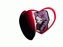 a red heart with a picture of a girl with a cross on her forehead