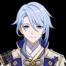 a boy with long blue hair and purple eyes is wearing a kimono