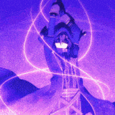 a purple background with a person in a hood and a sword