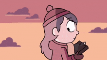a cartoon girl is wearing a hat and scarf and holding a book
